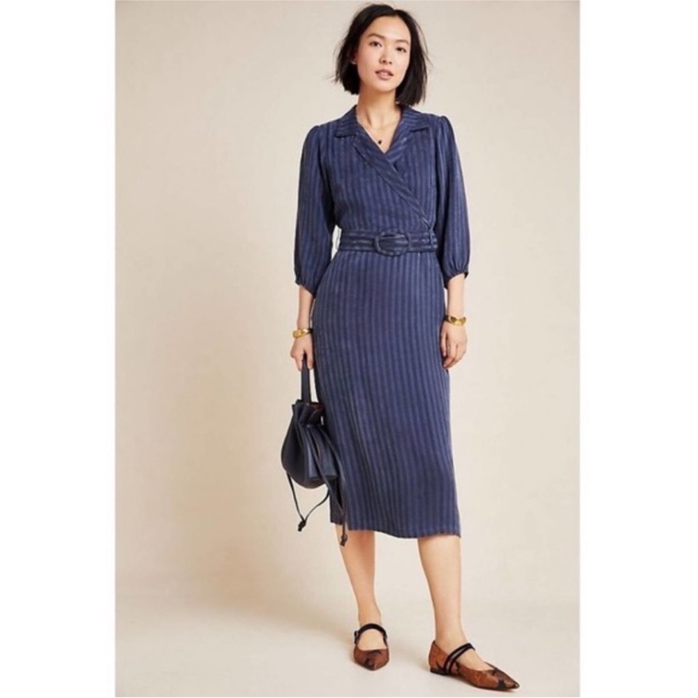 ANTHROPOLOGIE The Odells navy stripe Medina belted midi dress S